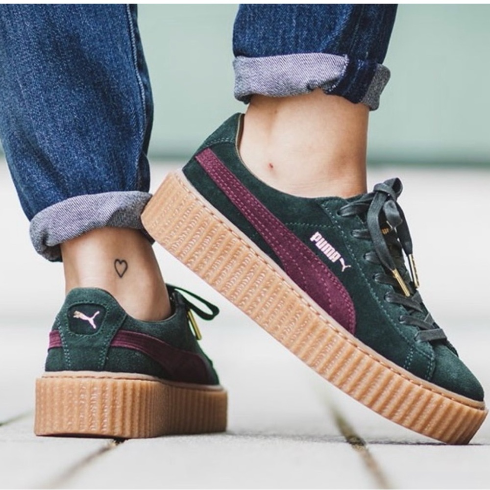 WOMENS FENTY x PUMA SUEDE CREEPERS, GREEN & BURGUNDY SIZE 7, ORIGINAL RELEASE